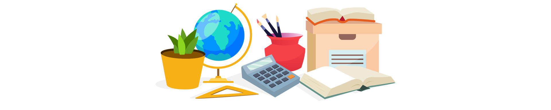 Ilustracja przedstawia przedmioty biurowe. Po lewej stronie stoi niewielka zielona roślina w ciemnożółtej donicy, a obok niej globus na ciemnożółtej podstawie. Lądy zaznaczono na zielono, a wody na niebiesko. Dalej leży ciemnożółta ekierka oraz szary kalkulator. Na środku ilustracji widać trzy pędzle w czerwonym wazoniku, a po prawej stronie stoi beżowe pudełko z pokrywką, na której leży otwarta książka w pomarańczowej okładce. Druga otwarta książka, w ciemnozielonej okładce, leży przed pudełkiem.