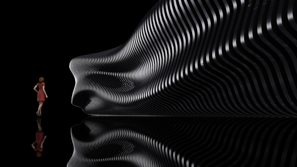 Ilustracja przedstawia pracę Oskara Thiemicke, „Struktura Parametryczna 10”. Praca utrzymana jest w ciemnej kolorystyce, na czarnej lśniącej podłodze stoi kobieta w bordowej sukience, przed nią znajduje się falisty obiekt przypominający miękko zwinięty materiał. Kobieta jest znacznie mniejsza od falistego obiektu. Struktura obiektu jest niejednolita, składa się z błyszczących pasów, ułożonych równolegle do siebie. Odbicie światła od pasów podkreśla ich wygięte kształty.