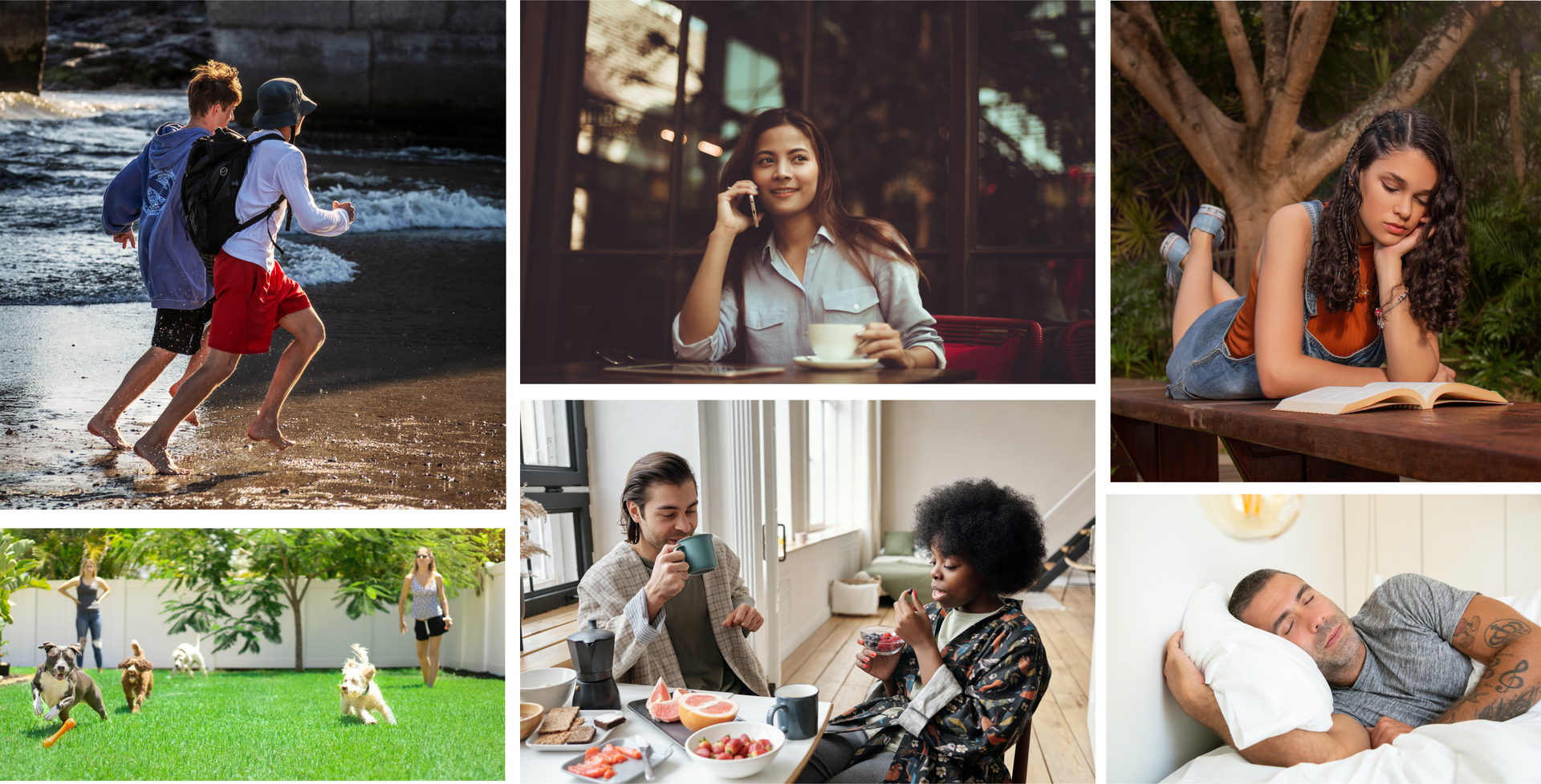 Ilustracja składa się z sześciu zdjęć, na których osoby wykonują różne czynności. Zdjęcie pierwsze przedstawia dwóch chłopaków biegnących plażą nad brzegiem morza. Drugie zdjęcie przedstawia dziewczynę , która siedzi przy stoliku z filiżanką kawy. Dziewczyna rozmawia przez telefon. Trzecie zdjęcie przedstawia dziewczynę, która leży na brzuchu na ławce, rękami podpiera twarz. Dziewczyna czyta książkę. Na czwartym zdjęciu dwie dziewczyny bawią się z psami w ogrodzie. Piąte zdjęcie przedstawia dziewczynę i chłopaka, którzy siedzą przy stole i pożywają posiłek. Chłopak trzyma w ręku kubek, a dziewczyna miseczkę z owocami. Na stole znajdują się owoce, kubek,  zaparzacz do kawy. Szóste zdjęcie przedstawia mężczyznę z tatuażami na rękach. Mężczyzna leży w łóżku i śpi.