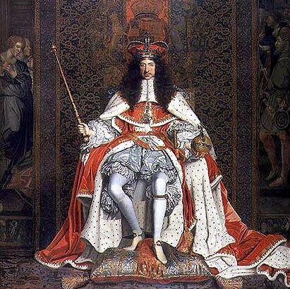 Karol II Stuart w stroju koronacyjnym Karol II Stuart w stroju koronacyjnym. Obraz namalowany przez Johna Michaela Wrighta ok. 1661 r., obecnie przechowywany w Zbiorach Królewskich. Źródło: John Michael Wright, Karol II Stuart w stroju koronacyjnym, ok. 1661-1662, olej na płotnie, Royal Collection, domena publiczna.
