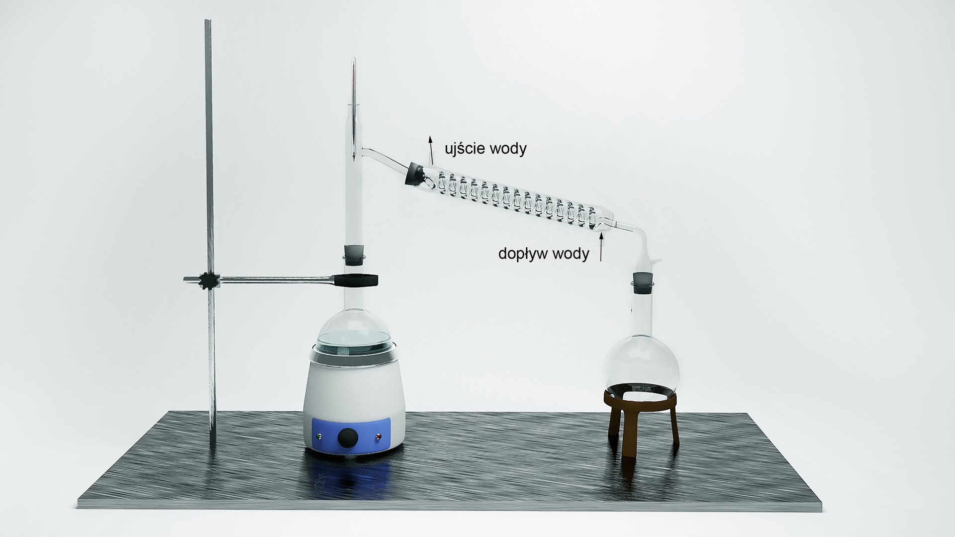 Ilustracja przedstawia następujący zestaw laboratoryjny. W łapie umieszczono kolbę okrągłodenną znajdującą się w płaszczu grzejnym, którą umocowano do statywu. W szyjkę kolby włożono nasadkę do destylacji prostej, w której umieszczono termometr, zaś w bocznym szlifie nasadki - chłodnicę wodną, usytuowaną po skosie w dół względem blatu laboratoryjnego. Koniec chłodnicy wyposażony jest w przedlużacz do destylacji, który to łączy chłodnicę z kolbą okrągłodenną znajdującą się w specjalnej podstawce. Zaznaczono również dopływ wody do chłodnicy u jej dołu, a ujście u góry.
