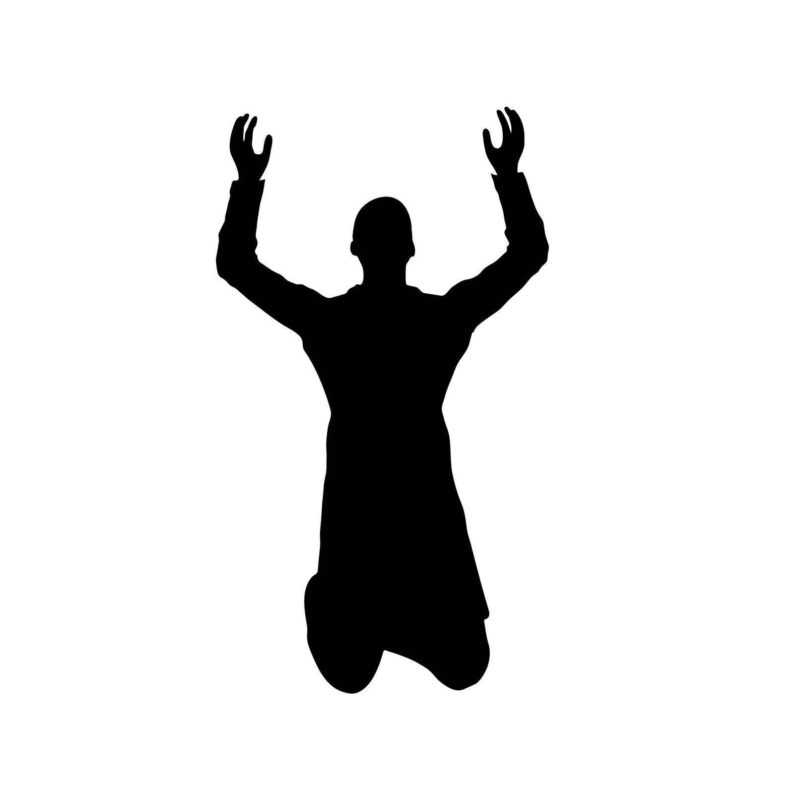 Ilustracja przedstawia sylwetkę mężczyzny, który klęczy i ma uniesione dłonie do góry.