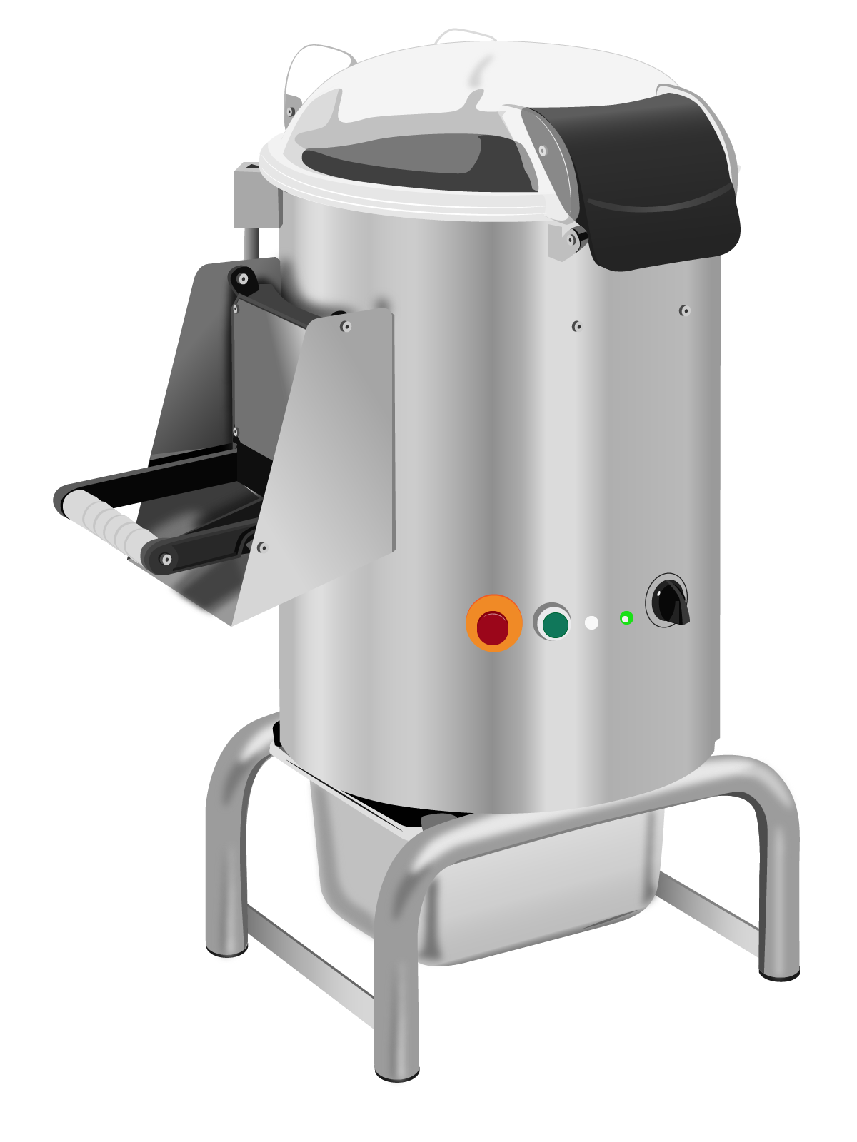 Zdjęcie przedstawia obieraczkę jednokomorową wykonaną ze stali nierdzewnej. Widać komorę roboczą w kształcie pionowego walca, ustawioną na podstawie. Poniżej komory roboczej znajduje się pojemnik na obierki. Na korpusie komory w dolnej części widoczne od lewej czerwone kółko wpisane w pomarańczowe kółko – przycisk stop, zielone kółko z białą obwódką – przycisk start, małe białe oraz zielone kółko – sygnalizatory pracy urządzenia oraz czarne pokrętło minutnika skierowane w dół. Po lewej stronie komory roboczej widoczna prostokątna, czarna rączka z białym uchwytem oraz metalowy wystający element – drzwiczki boczne. Komora w górnej części jest zamknięta okrągłą, lekko wypukłą pokrywą, wykonaną z przeźroczystego tworzywa, z czarnym mechanizmem zamykania i otwierania.