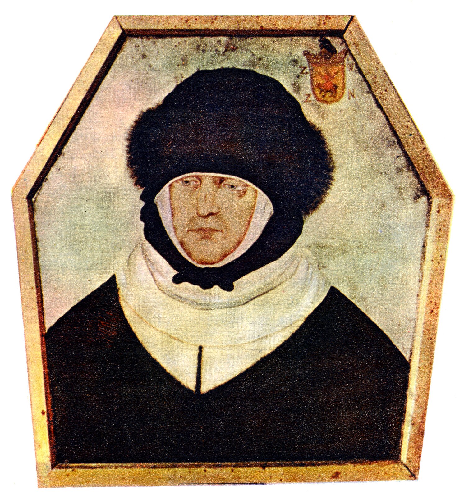 Na ilustracji znajduje się portret szlachcianki. Na głowie ma czarną czapkę obszytą futrem w tym samym kolorze, zawiązywaną pod szyją. Spod niej wystaje biały czepek. Na szyi ma białą chustę. Jest ubrana w czarny strój z białym dużym kołnierzem. Twarz wyraża skupienie. Kobietę otacza jasne tło. Szlachcianka jest przedstawiona do górnej części barków. W górnej części portretu znajduje się mały herb ze złotą tarczą, na której umieszczono jeźdźca na koniu. Herb zwieńczony jest złotą koroną. Powyżej znajduje się klejnot herbowy z czarnym zwierzęciem. Portret otoczony jest złotą ramą w kształcie wieloboku.