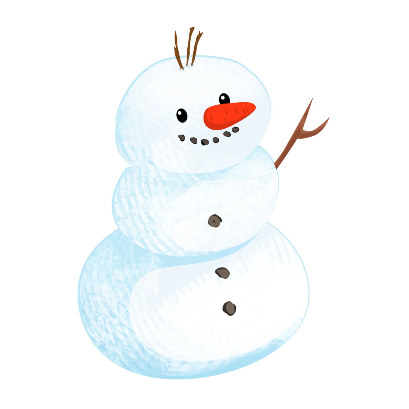 Ilustracja przedstawia ulepionego ze śniegu, uśmiechniętego bałwana, który ma nos zrobiony z marchewki, oczy, usta i guziki są z kamyczków, a włosy i ręka z patyczków.