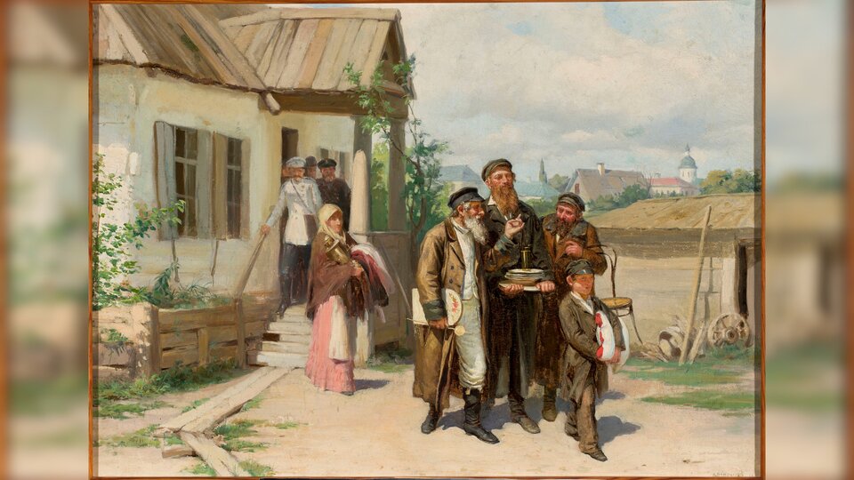 Na obrazie znajduje się chata z drewnianym dachem, z której wychodzą ludzie. Na przedzie idzie trzech mężczyzn z brodami ubranych w długie płaszcze i czapki na głowach. Niosą w rękach różne przedmioty i rozmawiają. Przed nimi idzie mały chłopiec i niesie małą poduszkę. Z tyłu kobieta w chuście na głowie i długich szatach niesie metalową wazę. Na końcu z chaty wychodzą mężczyźni ubrani w mundury. Daleko w tle znajdują się zabudowania.