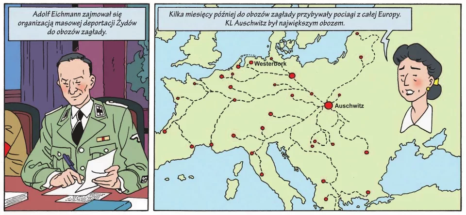 Ilustracja jest podzielona na dwie części.  na pierwszej mężczyzna w mundurze siedzi za biurkiem i podpisuje dokumenty, napis nad ilustracja: "Adolf Eichman nadzorował deportacje Żydów do obozów zagłady." Druga ilustracja przedstawia mapę Europy z zaznaczonymi obozami koncentracyjnymi. Wszystkie obozy połączone sa przerywanymi liniami. W centrum tej siatki obozów zaznaczony jest , jako jedyny,  KL Auschwitz. napis nad mapą: "Kilka miesięcy później do obozów przybywały pociągi z całej Europy. KL Auschwitz był największym obozem"