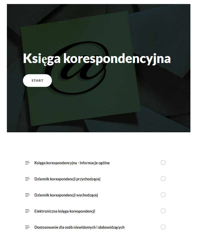 Ekran początkowy dokumentacji interaktywnej. Na górze znajduje się grafika z kartką, na której widoczny jest symbol małpy (@) oraz tytuł dokumentacji: Księga korespondencji. Pod spodem znajduje się spis treści dokumentacji.