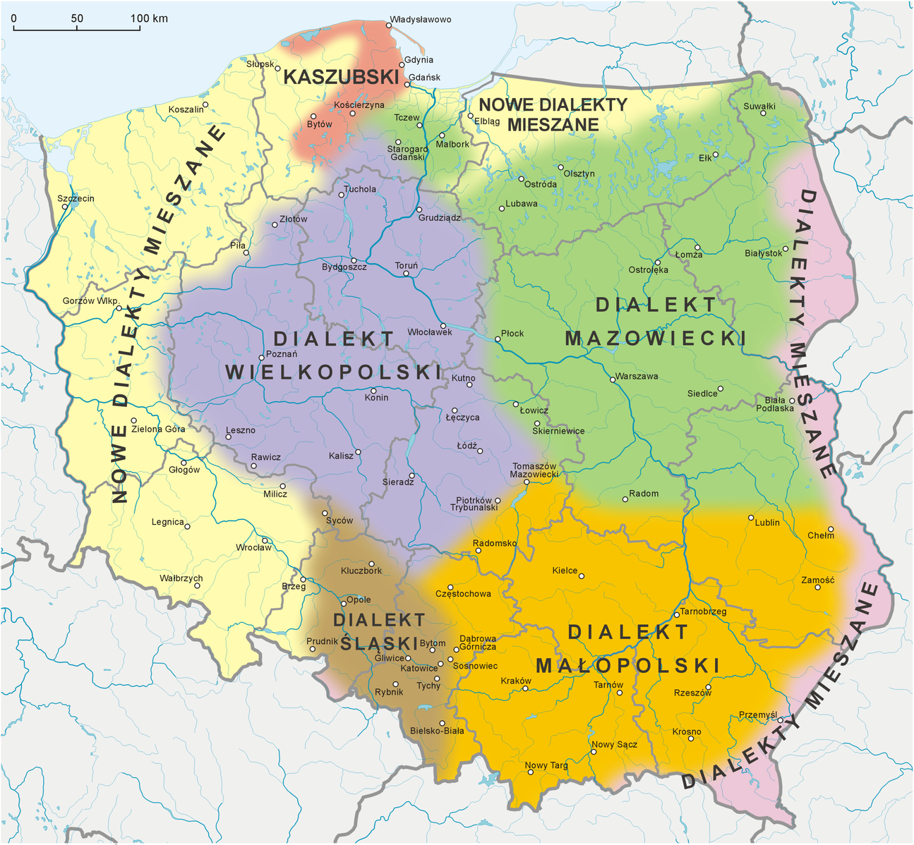 Kliknij, aby powiększyć. Mapa przedstawiająca zasięg dialektów języka polskiego w granicach Polski: wielkopolski (woj. kujawsko‑pomorskie, prawie całe woj. wielkopolskie oraz południowo‑wschodnia część woj. pomorskiego); śląski (południowo‑wschodni kraniec woj. wielkopolskiego, prawie całe woj. opolskie, część zachodnia woj. śląskiego); małopolski (woj. świętokrzyskie, woj. małopolskie, woj. podkarpackie, południowo‑wschodnia część woj. łódzkiego, część wschodnia woj. śląskiego, południowa część woj. mazowieckiego w okolicach Radomia, południowa część woj. lubelskiego do miasta Lublin); mazowiecki (woj. podlaskie, południowo‑wschodnia część woj. warmińsko‑mazurskiego, prawie całe woj. mazowieckie, północno‑wschodni skrawek woj. łódzkiego i północny woj. lubelskiego); nowe dialekty mieszane (woj. zachodniopomorskie, lubuskie, dolnośląskie oraz część zachodnia woj. pomorskiego i część północno‑zachodnia woj. warmińsko‑mazurskiego); dialekty mieszane (obejmują wąski pas wzdłuż wschodniej granicy Polski - wschodnią część woj. podlaskiego, lubelskiego i podkarpackiego). Dialekt wielkopolski obejmuje obszar, na którym znajdują się miasta Grudziądz, Tuchola, Złotów, Piła, Bydgoszcz, Toruń, Włocławek, Poznań, Konin, Leszno, Rawicz, Kalisz, Kutno, Łęczyca, Łódź, Sieradz. Dialekt śląski obejmuje obszar, na którym znajdują się miasta Syców, Kluczbork, Opole, Prudnik, Gliwice, Bytom, Katowice, Tychy, Rybnik, Bielsko‑Biała. Dialekt małopolski obejmuje obszar, na którym znajdują się miasta Piotrków Trybunalski, Tomaszów Mazowiecki, Radomsko, Radom, Lublin, Chełm, Zamość, Częstochowa, Kielce, Tarnobrzeg, Dąbrowa Górnicza, Sosnowiec, Kraków, Tarnów, Rzeszów, Krosno, Nowy, Sącz, Nowy Targ. Dialekt mazowiecki obejmuje obszar, na którym znajdują się miasta Tczew, Malbork, Starogard Gdański, Płock, Lubawa, Ostróda, Olsztyn, Ełk, Suwałki, Białystok, Łomża, Ostrołęka, Warszawa, Siedlce, Biała Podlaska, Łowicz, Skierniewice, Biała Podlaska. Nowe dialekty mieszane obejmują obszar, na którym znajdują się miasta: Szczecin, Koszalin, Słupsk, Gorzów Wielkopolski, Zielona góra, Głogów, Milicz, Legnica, Wałbrzych, Wrocław, Brzeg, Elbląg. Dialekty mieszane obejmują obszar, na którym znajdują się miasta Przemyśl, Włodawa, Hrubieszów, Lubaczów. Na mapie zaznaczono również teren występowania języka kaszubskiego, który występuje w środkowej części woj. pomorskiego, miasta: Władysławowo, Gdynia, Gdańsk, Kościerzyna, Bytów.