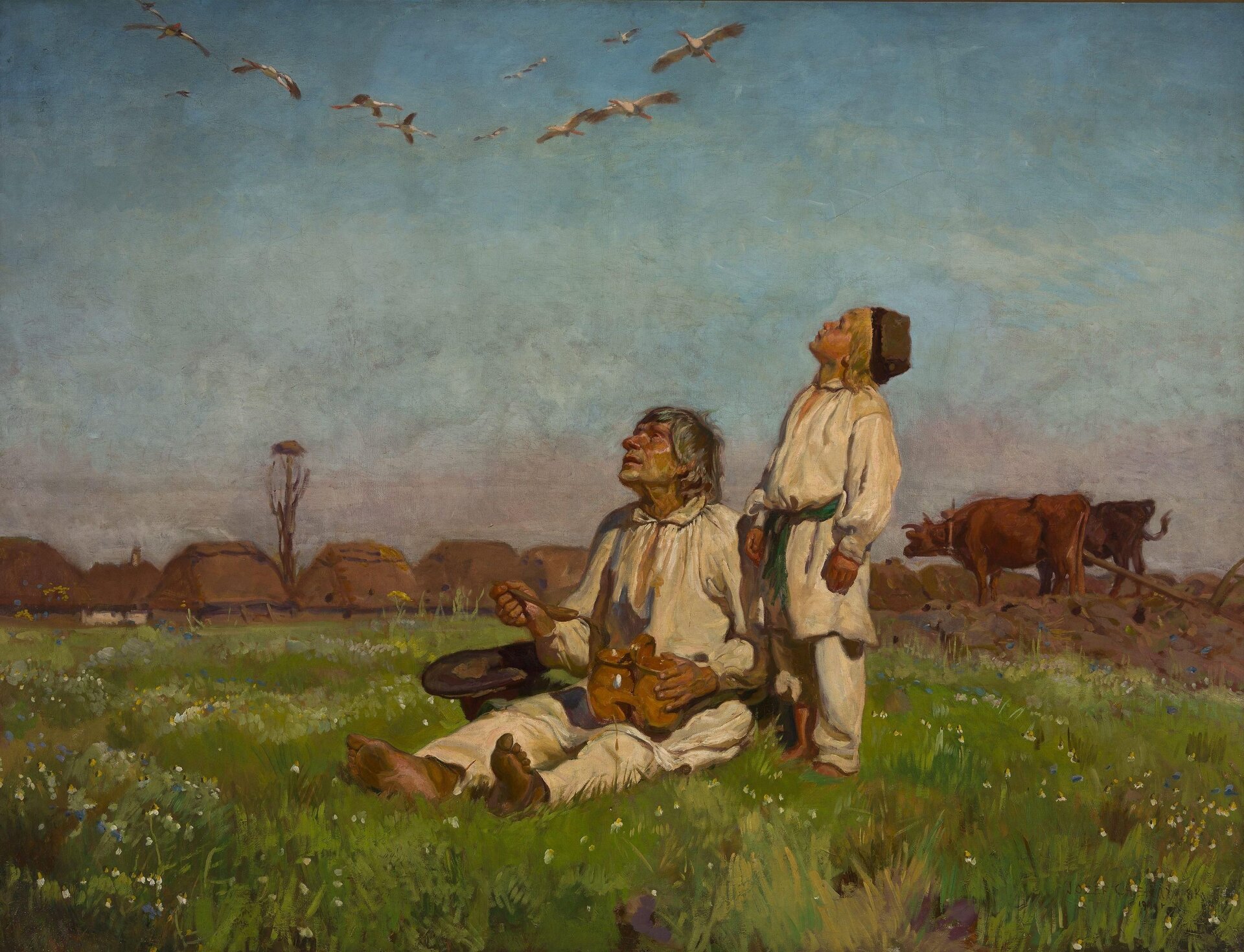 Na obrazie mężczyzna i chłopiec w płóciennych strojach. Mężczyzna siedzi na łące, chłopiec stoi obok niego. Obserwują klucz bocianów na niebie. Za nimi na łące znajdują się krowy, a dalej wiejskie chaty.