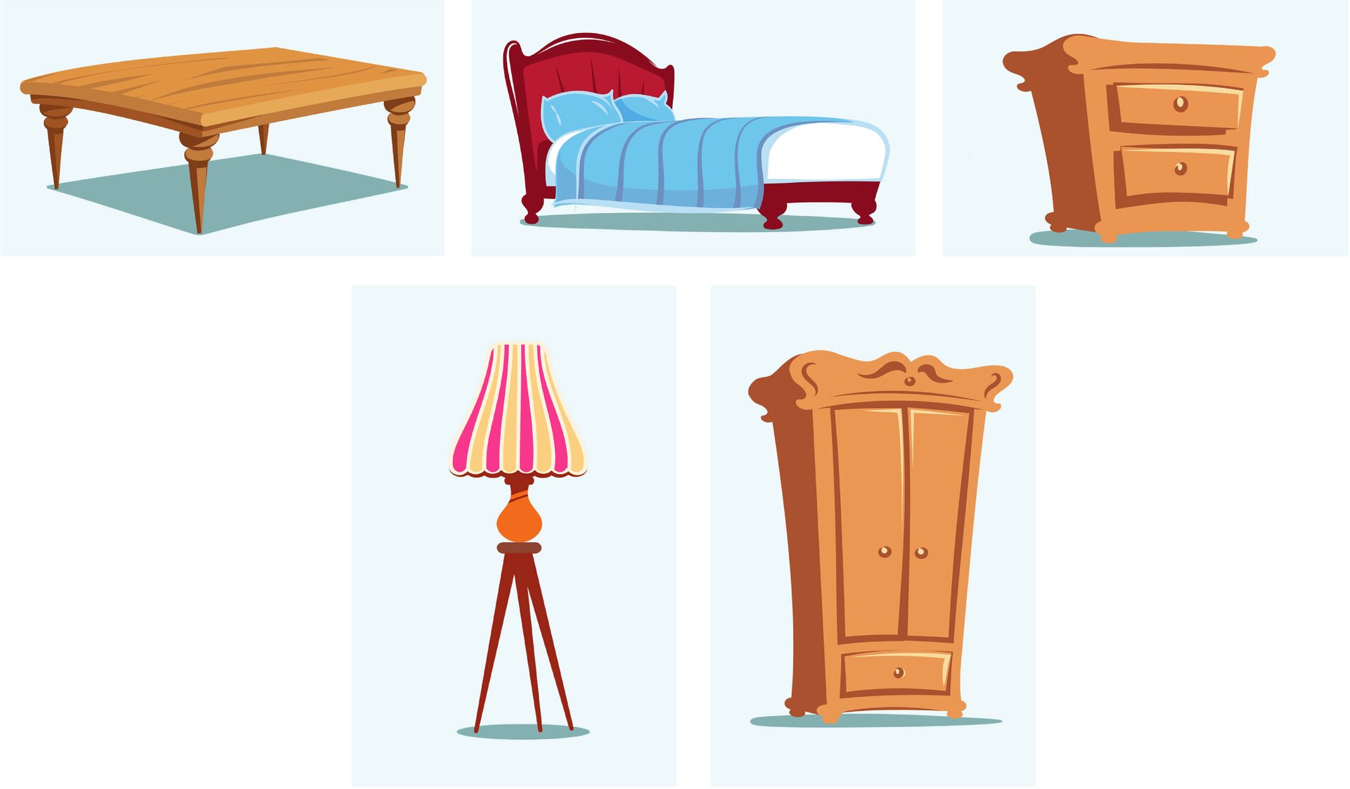 Ilustracja przedstawia meble: stolik, łóżko, komodę, lampę stojącą oraz szafę.