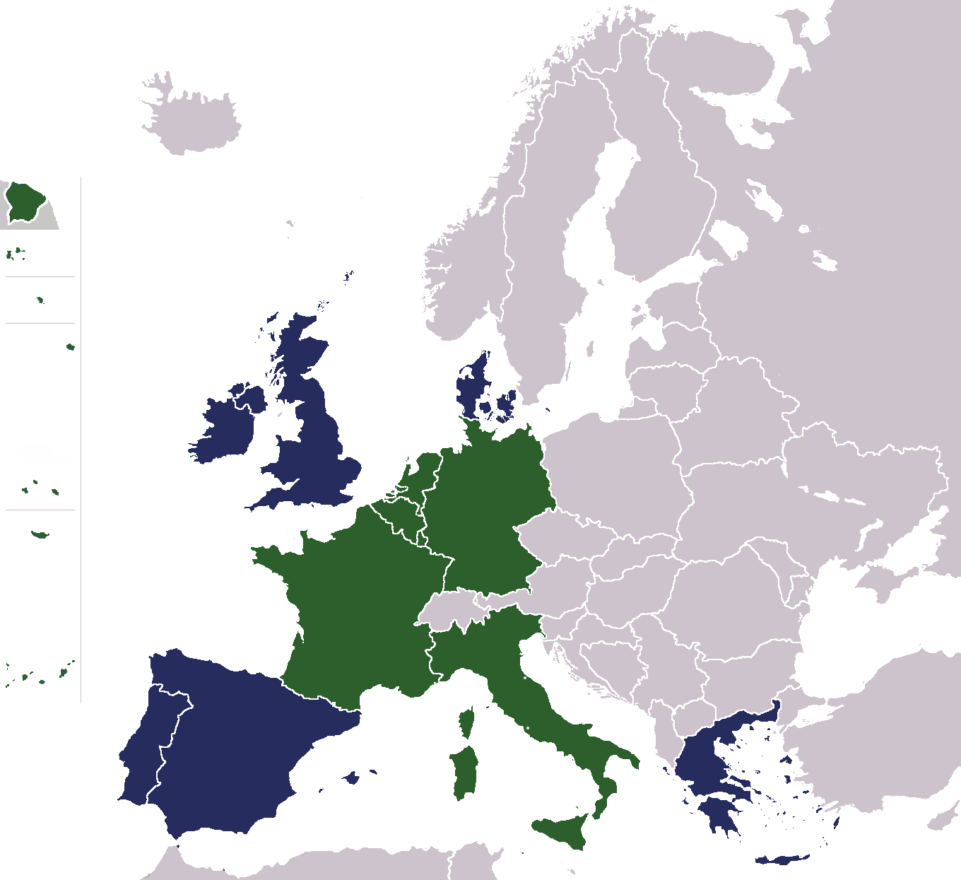 Grafika przedstawia mapę Europy. Są na niej zaznaczone kontury państw. Na mapie zaznaczone są państwa założycielskie Wspólnoty Eutropejskiej, czyli RFN, Francja, Włochy i kraje Beneluksu. Zaznaczone są także państwa, które dołączyły później do Traktatu o Unii Europejskiej: Irlandia, Wielka Brytania i Dania, Grecja, Hiszpania i Portugalia.