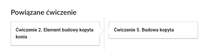 Grafika przedstawia widok przykładowego przycisku ćwiczeń powiązanych z danym multimedium. Widoczny jest napis: Powiązane ćwiczenia. Poniżej znajdują się dwa kafelki z numerem ćwiczeń i tytułem. Ćwiczenie drugie. Elementy budowy kopyta konia. Ćwiczenie piąte. Budowa kopyta.