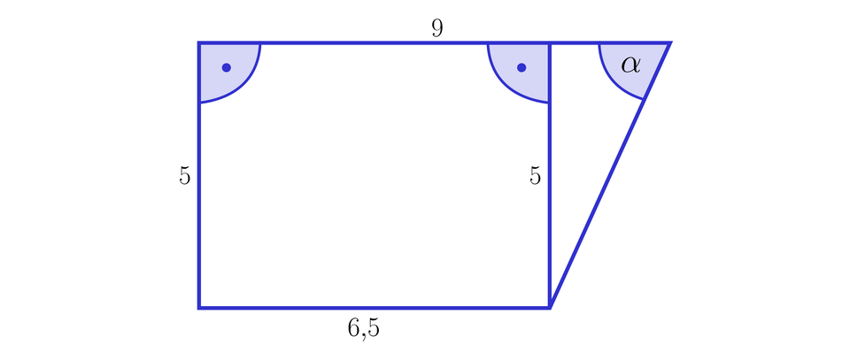 Ilustracja przedstawia trapez prostokątny. Górna podstawa ma długość 9, dolna podstawa ma długość 6,5, lewy bok i wysokość figury mają długość pięć. Prawy ukośny bok jest nachylony do górnej podstawy pod kątem ostrym alfa.
