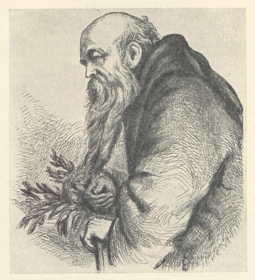 Ilustracja przedstawia ojca Laurentego. Mężczyzna stoi bokiem do widza, przodem skierowanym w lewą stronę ilustracji. Jest łysy na czubku głowy. Z tyłu głowy ma krótkie włosy. Ma prosty nos i długą, sięgającą mu do piersi, brodę. Ubrany jest w szatę zakonną z kapturem. Mężczyzna na prawej ręce zawiesił koszyk, z którego wystają rośliny z podłużnymi liśćmi. Lewą rękę opiera na lasce. Tło niewidoczne. Ilustracja jest czarno‑biała.