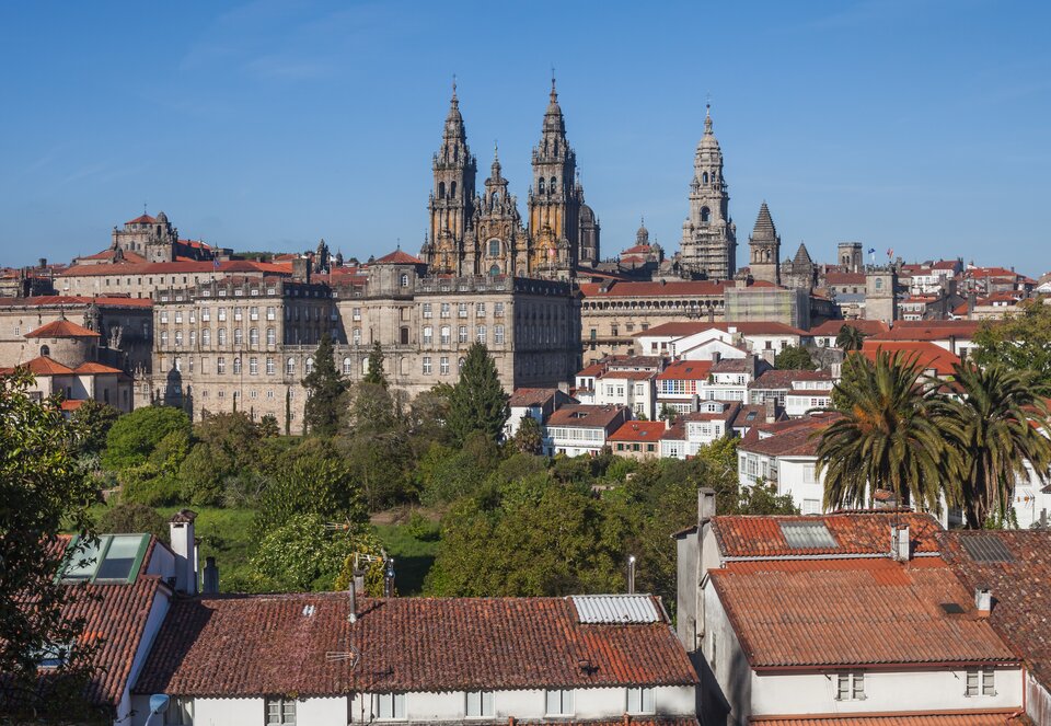 Na fotografii widać miasto Santiago de Compostela. Na pierwszym planie są domy mieszkalne oraz wznoszące się nad nimi palmy. Na wzgórzu znajdującym się w tle widnieją zabudowania klasztorne oraz dwie wieże kościelne.