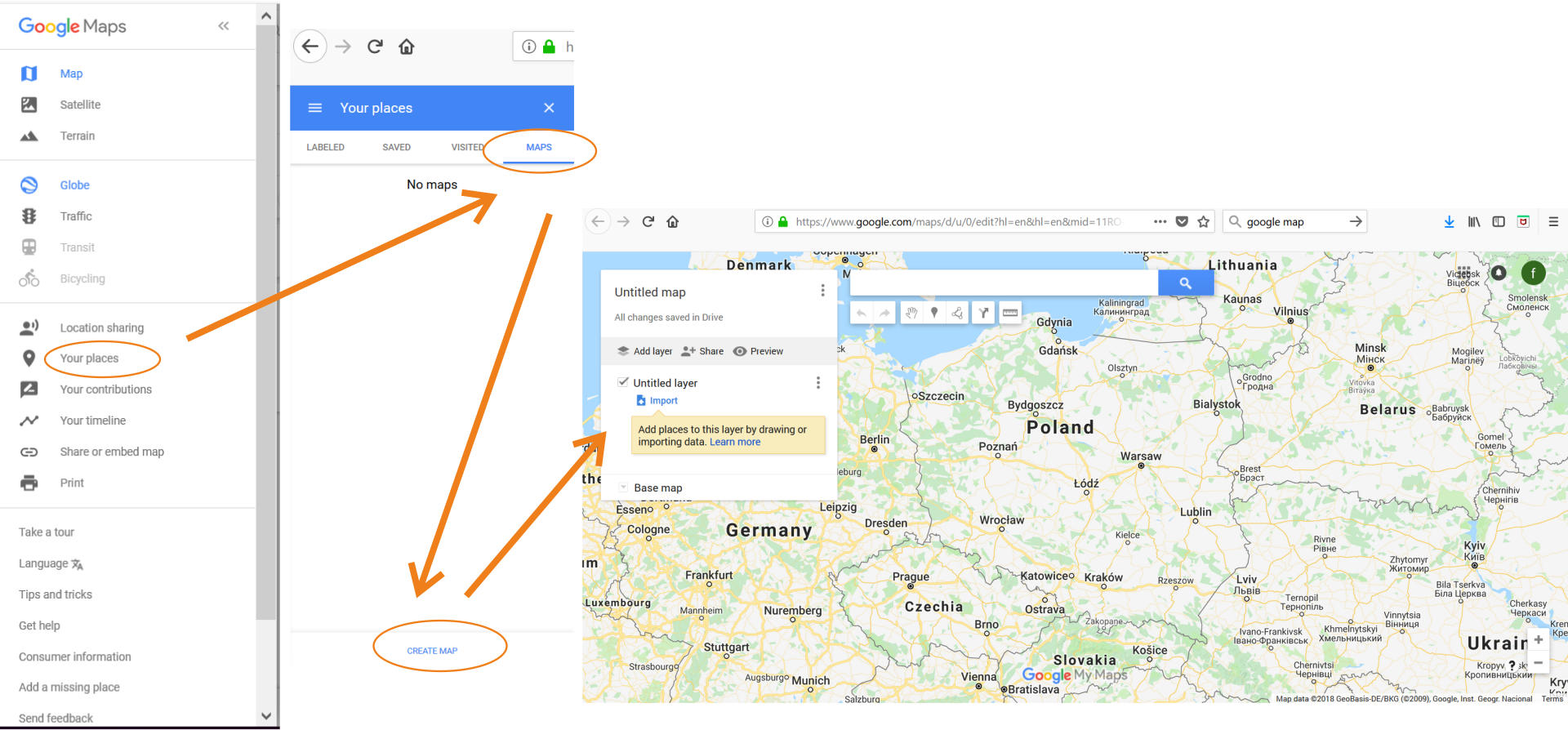 Na ilustracji przedstawiona jest sekwencja zrzutów ekranu z wyszukiwarki Google przedstawiająca kolejność wyświetlania się paneli prowadząca do stworzenia własnej mapy. W pierwszej kolejności należy wybrać polecenie Your place, następnie w otworzonym menu wybrać Maps i polecenie Create maps. Otworzy ono nowe okno z mapą, w którym można tworzyć własną mapę dodając warstwy (Add Layer) importując miejsca, dane, zdjęcia (Import).