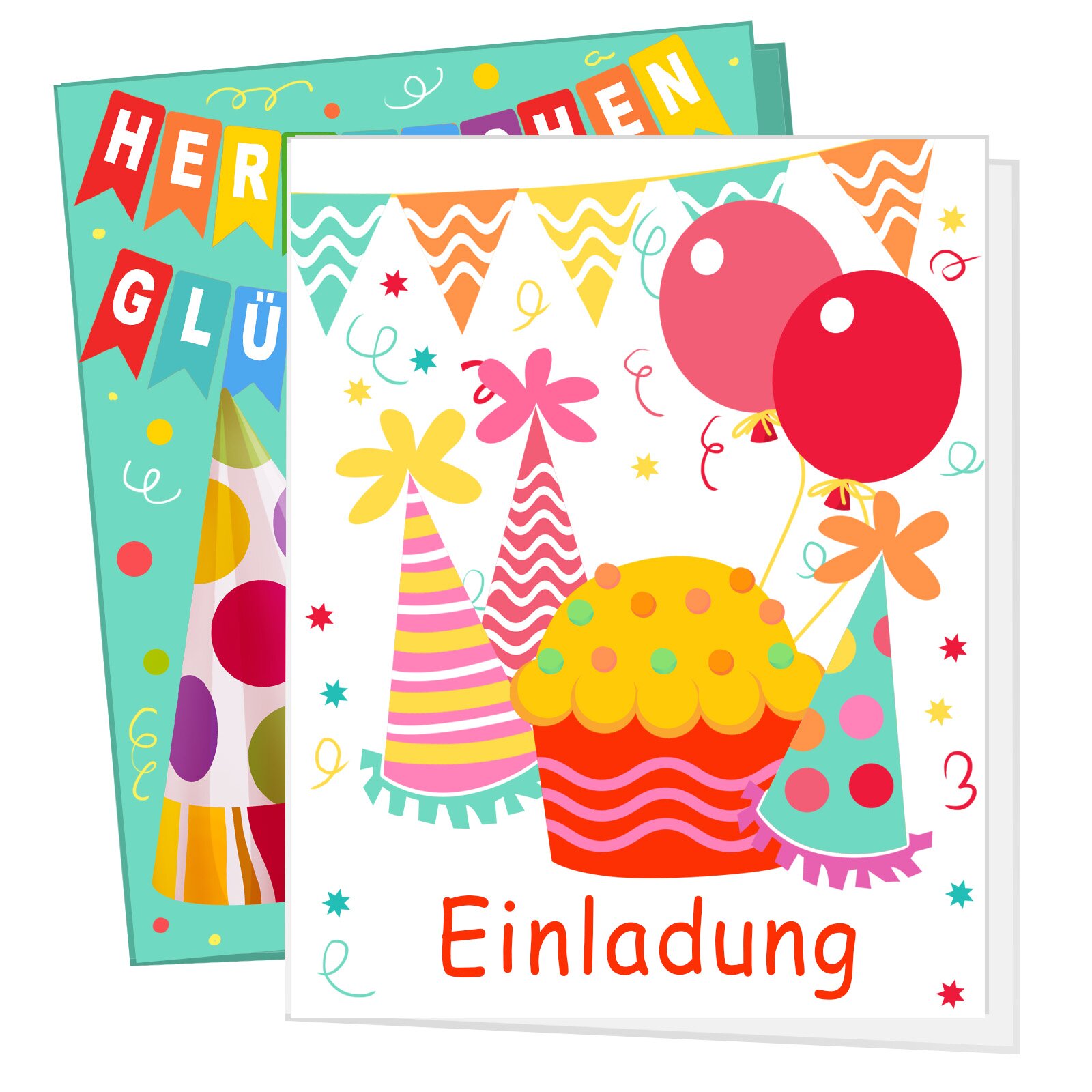 Ilustracja przedstawia kolorowe zaproszenie. Napis "Einladung".