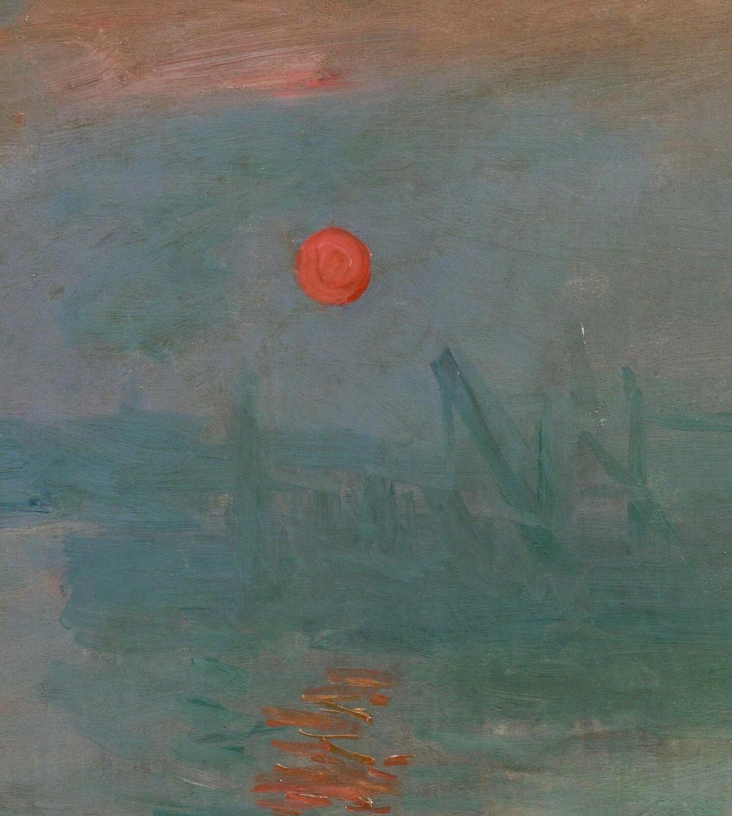 Ilustracja przedstawia fragment obrazu Claude'a Moneta pt. „Impresja, wschód słońca”. Na poniższym fragmencie widoczne jest pomarańczowe słońce, które wyłania się zza horyzontu. W wodzie widoczne jest odbicie słoneczne.