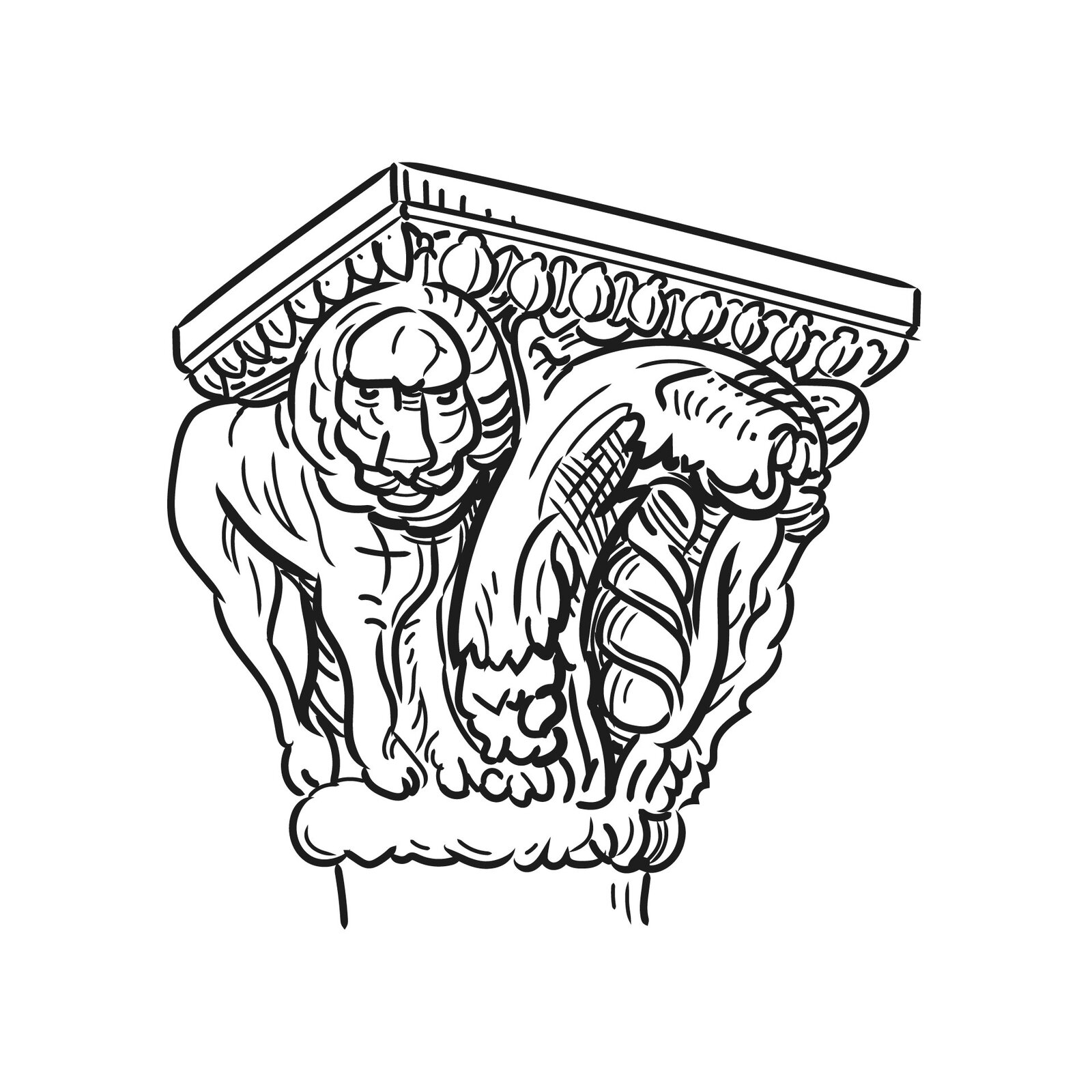 Czarno‑białą ilustracja przedstawia głowicę zoomorficzną. Rozszerza się ona ku górze. Udekorowano ją rzeźbami w kształcie lwa oraz elementów roślinnych.