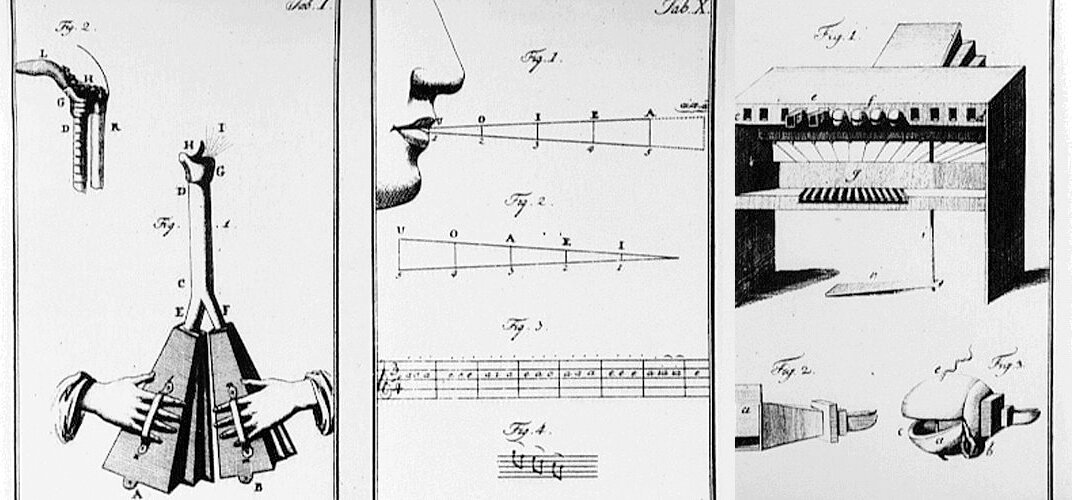 Kliknij, aby powiększyć. Czarno-biała ilustracja podzielona na trzy części. Pierwsza z lewej przedstawia urządzenie podobne do akordeonu (miechy poruszanie dłońmi). Od góry wystają z nich dwie rurki łączące się w jedną zwieńczoną elementem przypominającym kształtem ptasią głowę (np. gęsi). Szkic środkowy ukazuje rysunek twarzy z profilu, z której ust biegną linie na wzór rozchodzenia się fal dźwiękowych, poniżej widać pięciolinię z zapisem nutowym. Szkic po prawej przedstawia instrument muzyczny (organy) oraz dwa małe rysunki półokrągłych elementów (np. mocowań, połączeń maszyny).