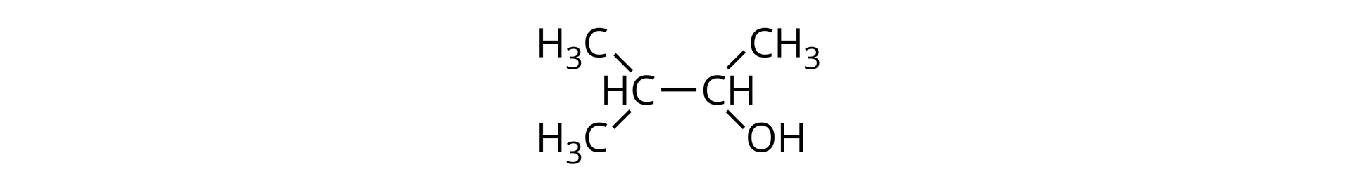 Ilustracja przedstawiająca wzór cząsteczki zbudowanej z dwóch połączonych za pomocą wiązania pojedynczego grup CH, z których jedna łączy się z dwiema grupami metylowymi CH3, a druga z grupą metylową oraz z grupą hydroksylową OH.