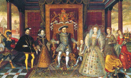 Ilustracja przedstawia alegorię sukcesji Tudorów. Król Henryk Ósmy zasiada na tronie, obok niego stoją jego żony oraz damy dworu, a także rycerze i doradcy. Wszyscy w bogato zdobionych strojach i sukniach. 