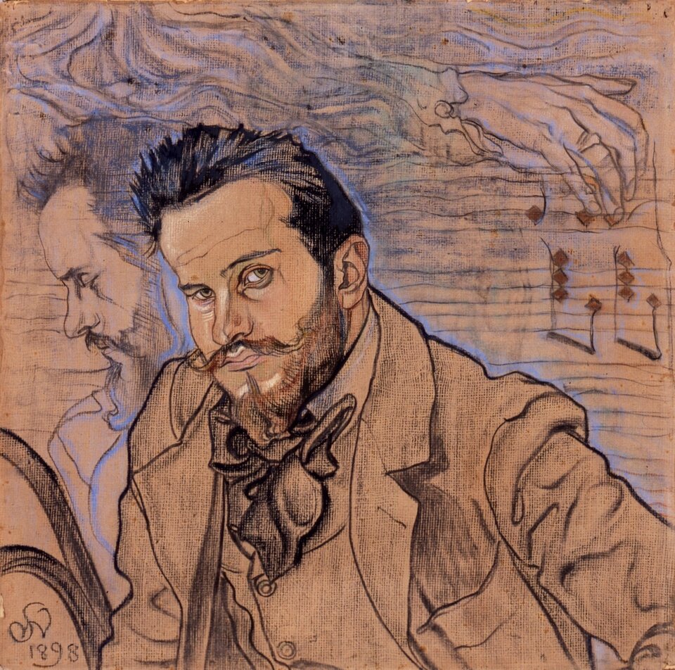 Obraz przedstawia portret młodego mężczyzny. Jego twarz jest pociągła, czoło wysokie. Mężczyzna ma brodę i wąsy. Jego włosy są ciemne, krótkie, zaczesane do góry. Ubrany jest w koszulę, kamizelkę i surdut. Pod szyją ma zawiązaną kokardę. W tle portretu ukazany jest szkic lewego profilu tego samego mężczyzny. Nad postacią widać jego prawą rękę, a pod nią pięciolinię z zapisanymi nutami. W lewym dolnym rogu widnieje data 1898.