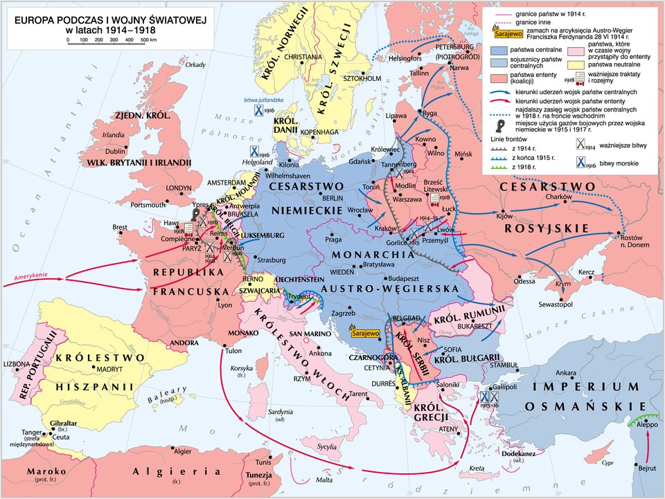 Mapa Europy podczas I wojny światowej w latach 1914–1918. Zaznaczono kolorem niebieskim państwa centralne (trójprzymierze) Niemcy i Austro - Węgry oraz sojuszników: Bułgarię, Turcję. Kolorem czerwonym zaznaczono państwa walczące w ramach trójporozumienia: Wielka Brytania, Republikę Francuską, Królestwo Włochy, Imperiom Rosyjskie, Królestwo Rumunii, Królestwo Grecji, Królestwo Serbii. Na żółto zaznaczono państwa neutralne: Hiszpanię, Królestwo Belgii, Holandię, Królestwo Danii, Królestwo Norwegii, Królestwo Szwecji. Zaznaczono najważniejsze bitwy: na froncie zachodnim: nad Marną 1914 - 1918 we Francji, Verdun 1916 we Francji, nad Somą 1914 - 1915 we Francji ; na froncie wschodnim: Tanenberg 1914, Lwów 19114 - 1915, Gorlice 1915; zachodnie wybrzeże Turcji: Galipoli 1915 - 1916.
zaznaczone bitwy morskie: bitwa Jutlandzka 1916, Helgoland 1916.
