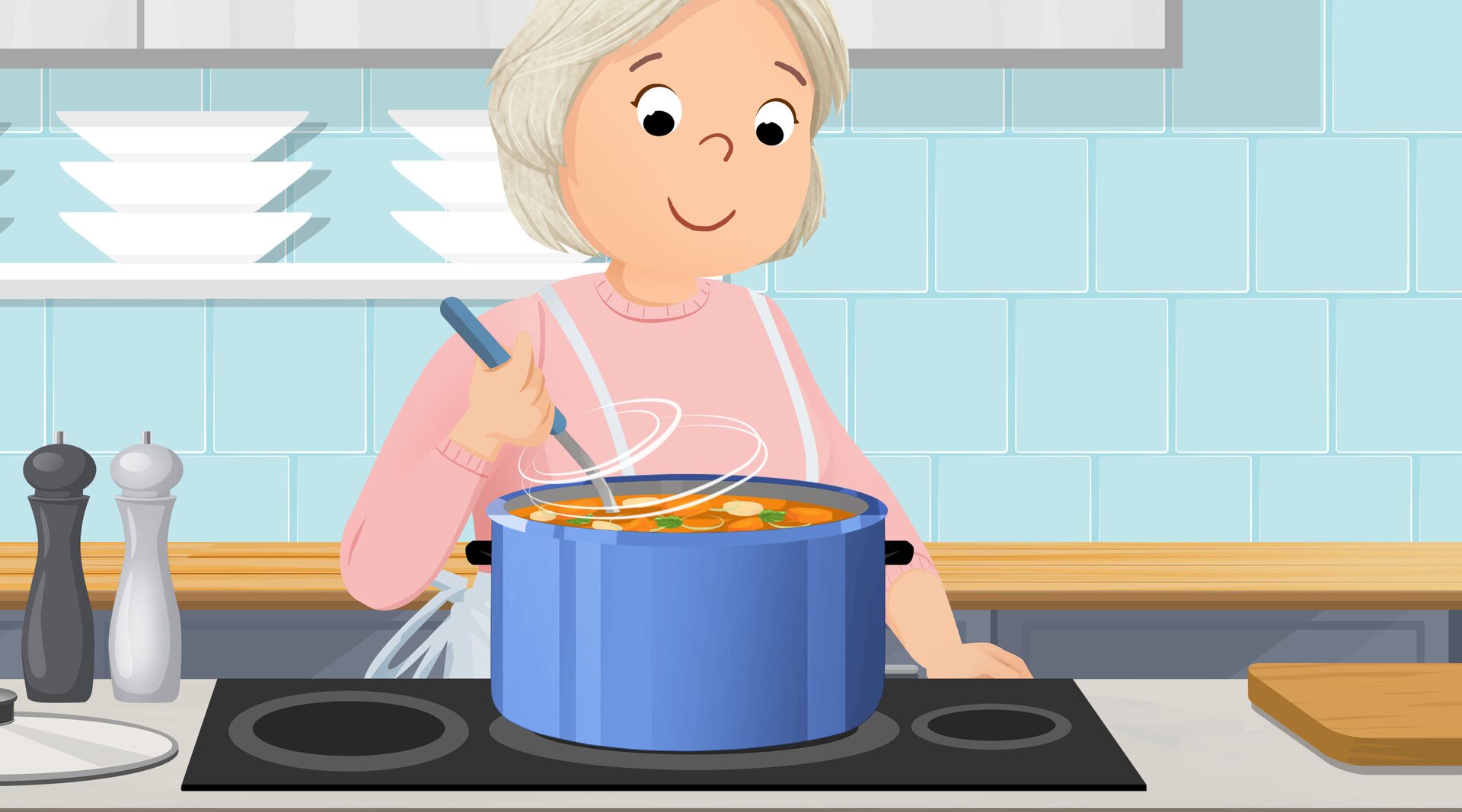 Na ilustracji kucharka miesza w garnku.