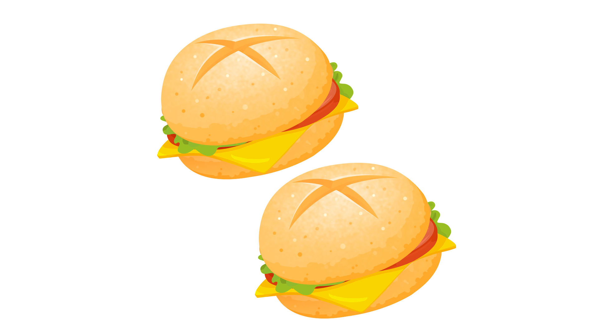 Ilustracja kanapek w bułkach z serem, pomidorem i sałatą.