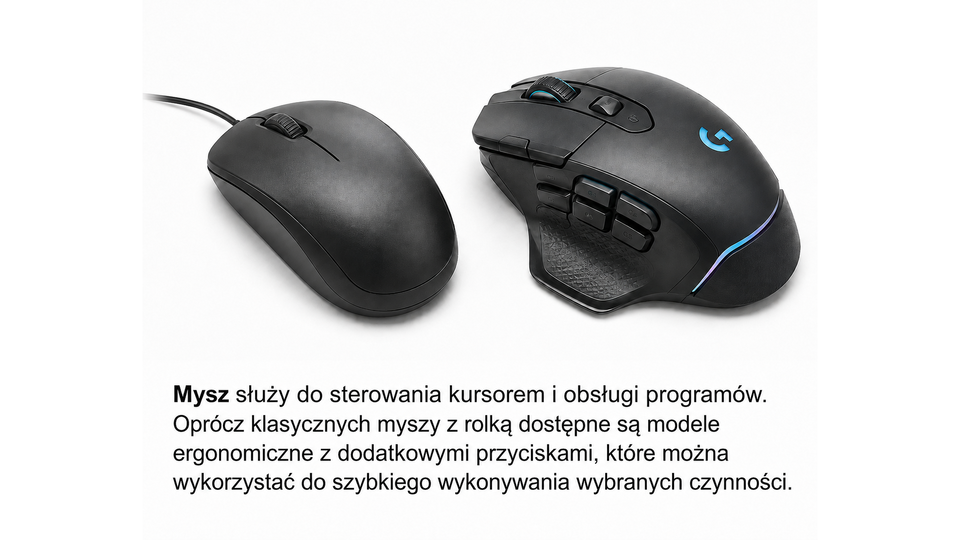 Fotografia przedstawiająca dwie myszy komputerowe: standardową przewodową mysz komputerową z kółkiem do przewijania ekranu oraz bezprzewodową ergonomiczną mysz z dodatkowymi przyciskami. Pod spodem znajduje się tekst "Mysz służy do sterowania kursorem i obsługi programów. Oprócz klasycznych myszy z rolką dostępne są modele ergonomiczne z dodatkowymi przyciskami, które można wykorzystać do szybkiego wykonywania wybranych czynności."