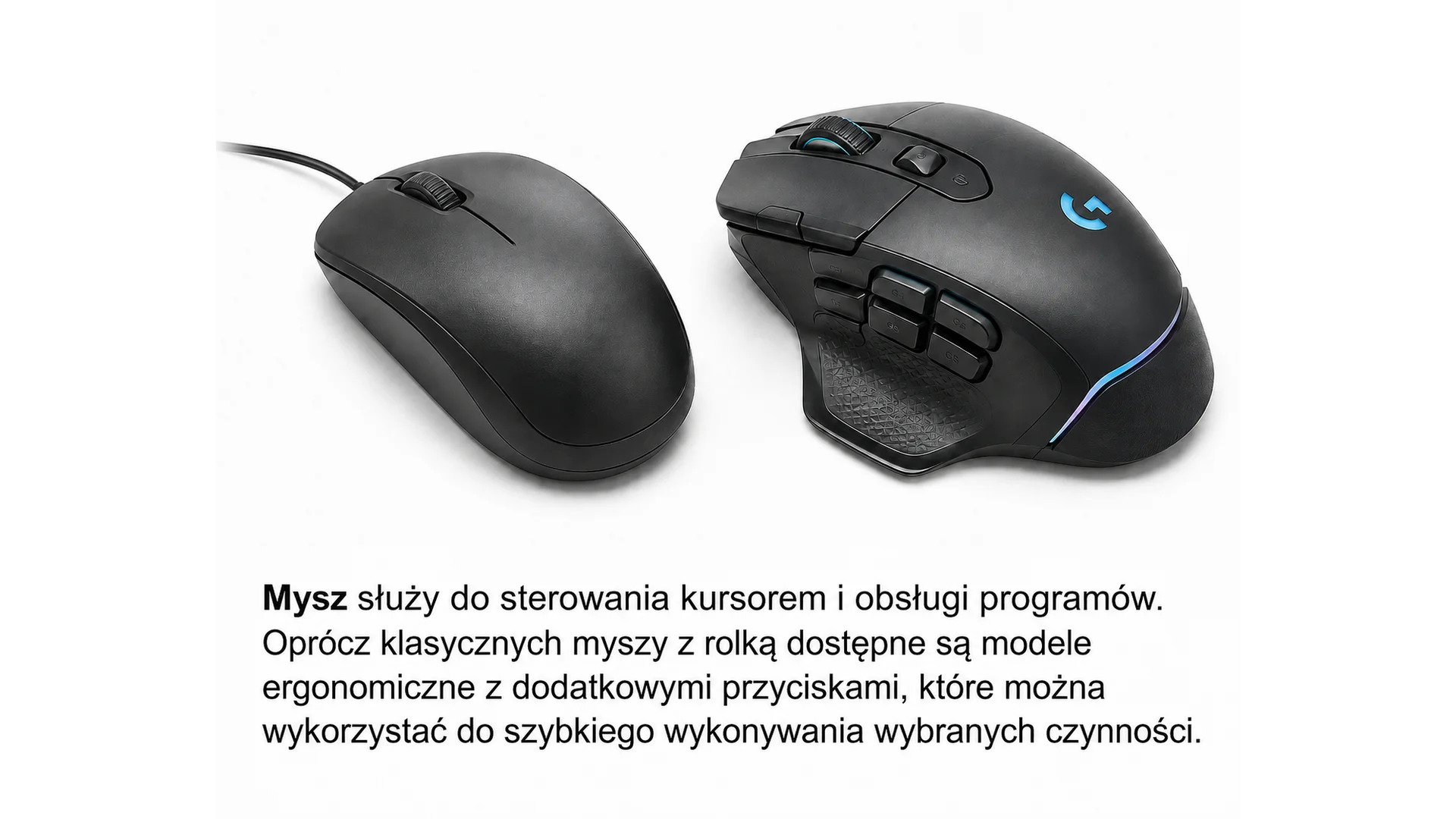 Fotografia przedstawiająca dwie myszy komputerowe: standardową przewodową mysz komputerową z kółkiem do przewijania ekranu oraz bezprzewodową ergonomiczną mysz z dodatkowymi przyciskami. Pod spodem znajduje się tekst "Mysz służy do sterowania kursorem i obsługi programów. Oprócz klasycznych myszy z rolką dostępne są modele ergonomiczne z dodatkowymi przyciskami, które można wykorzystać do szybkiego wykonywania wybranych czynności."