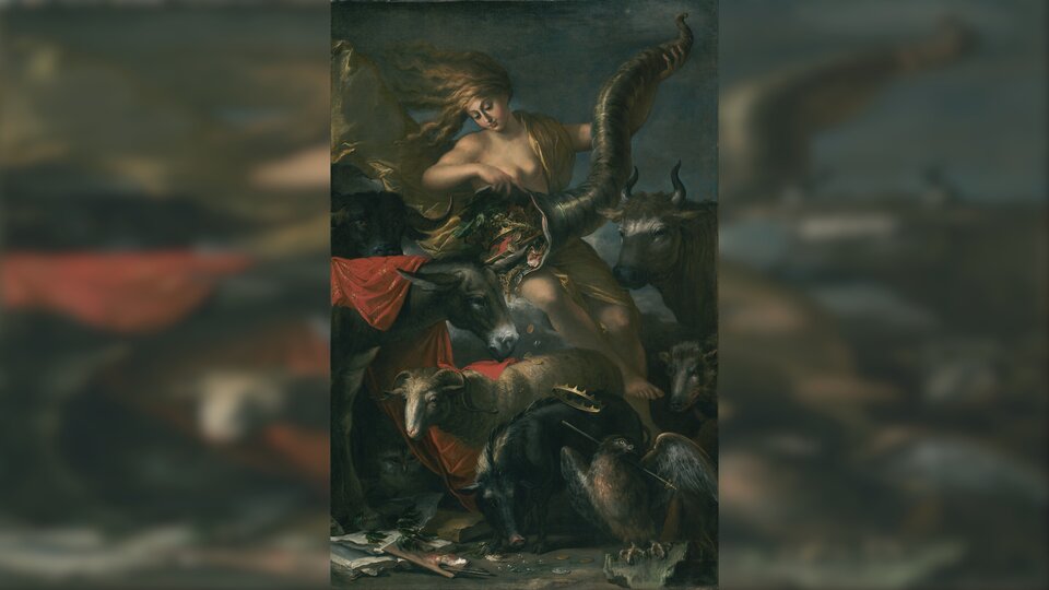 Obraz przedstawia półnagą kobietę, wysypującą monety i kwiaty z wielkiego rogu. Wokół kobiety zgromadzone są krowy, owce, świnia. Jest także orzeł.