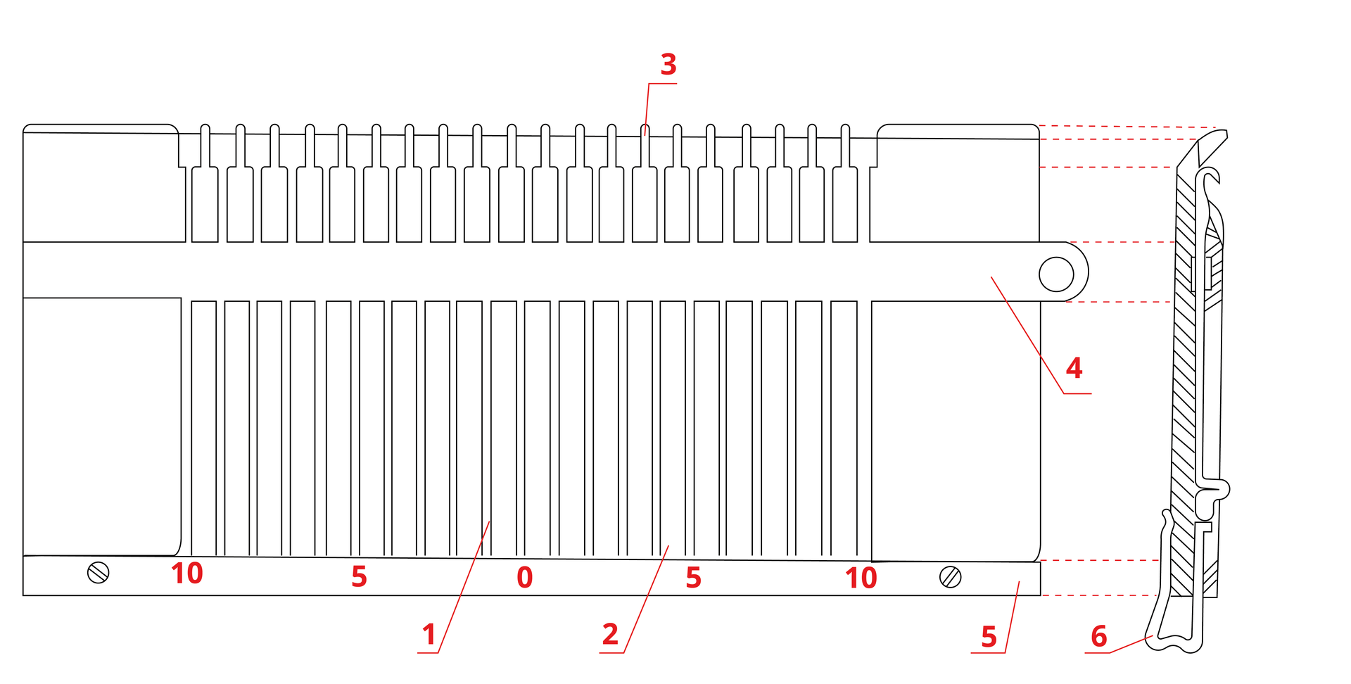 Grafika przedstawia schemat elementu urządzenia złożonego z szeregu wąskich kolumienek i długiego elementu stojącego obok. Od poszczególnych części odchodzą zaznaczone na czerwono punkty.
