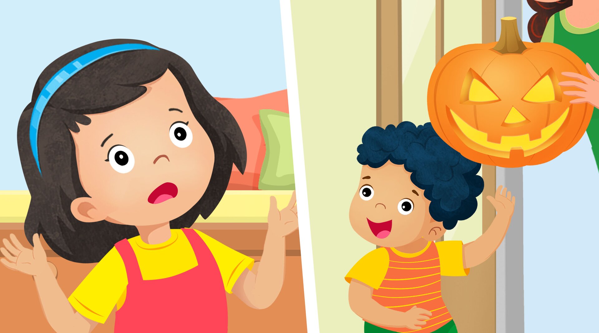 Ilustracja podzielona jest na dwie części. Pierwsza część przedstawia dziewczynkę z uniesionymi rękami i zdziwioną miną. Druga część ilustracji przedstawia zadowolonego chłopca, któremu mama podaje ozdobioną dynię. 