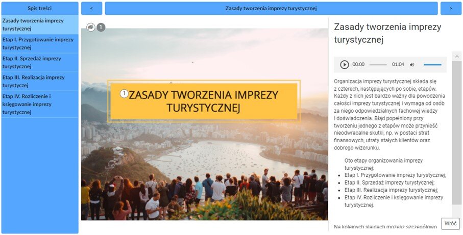 Grafika przedstawia widok przykładowego ekranu planszy interaktywnej z rozwiniętym panelem tekstowym pod punktem interaktywnym.