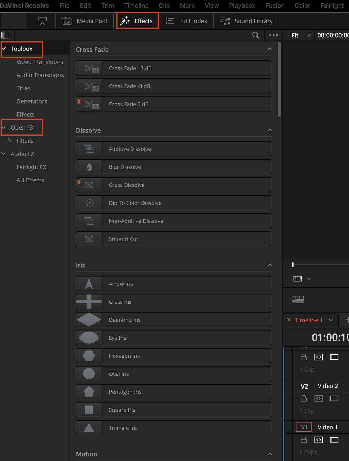 Ilustracja przedstawia otwarty program DaVinci Resolve. U góry na pasku zadań została wybrana opcja Effects, następnie kategoria Toolbox, a następnie Open FX. Po prawej stronie otwartego okna znajdują się opcje do wyboru, z których w kategorii Cross Fade wybrano opcję trzecią, a w opcji Dissolve opcję Cross Dissolve. 