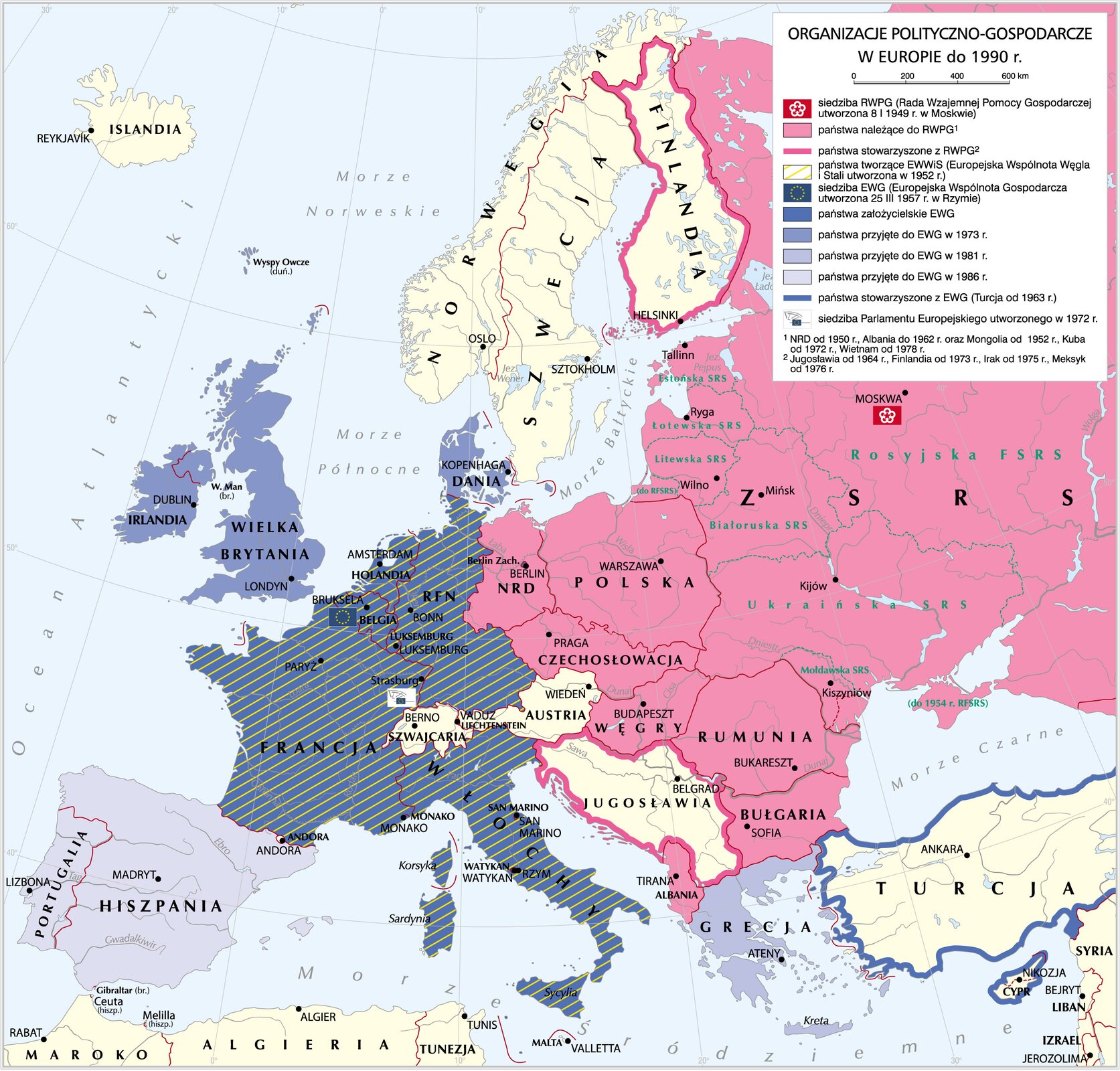 Mapa, która przedstawia organizacje polityczno - gospodarcze w Europie do 1990 roku.