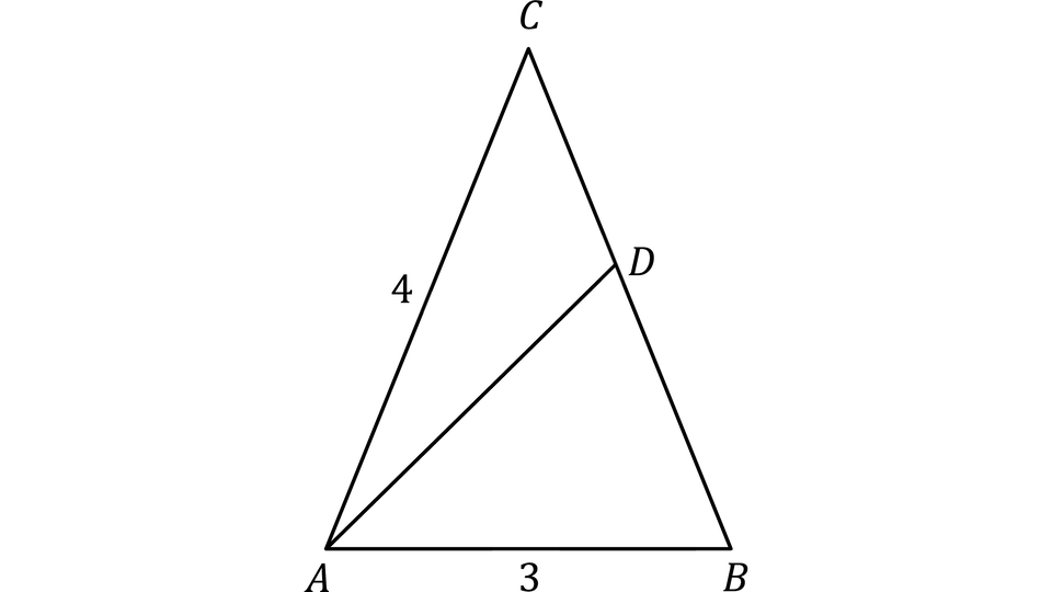 Rysunek przedstawia trójkąt ABC oraz odcinek AD, który dzieli go na dwa mniejsze trójkąty: ADC i ADB. Wierzchołki trójkąta są oznaczone literami A (lewy dolny), B (prawy dolny) i C (górny). Bok AC jest opisany liczbą 4,  bok AB jest opisany liczbą 3. Poprowadzony jest odcinek AD, łączący wierzchołek A z punktem D znajdującym się na przeciwległym boku BC.