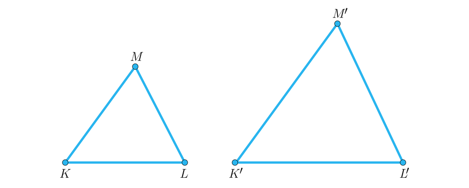 Ilustracja przedstawia trójkąty podobne KLM oraz k prim l prim m prim. 