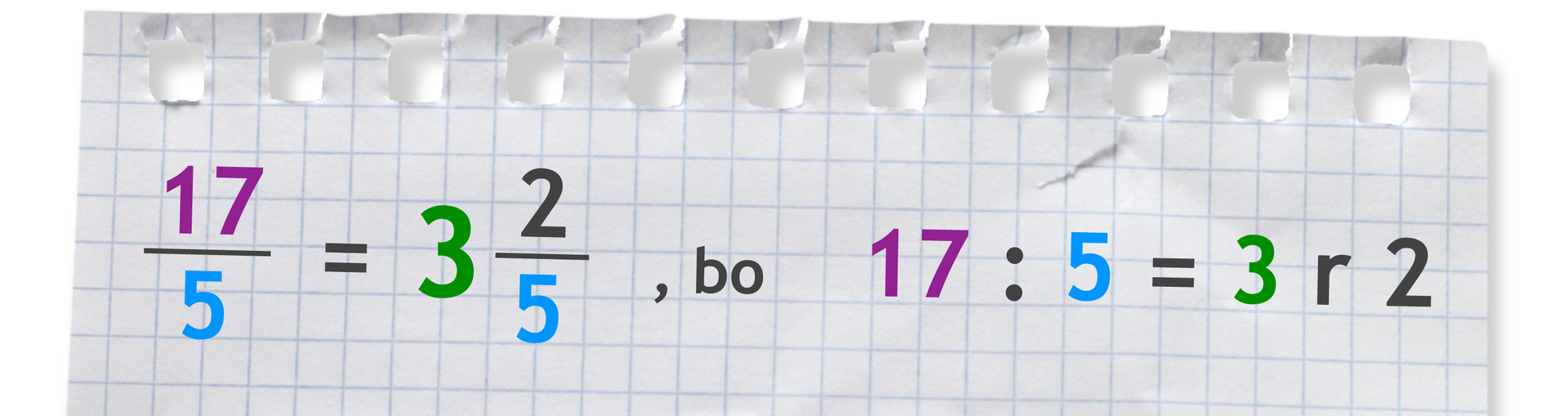 Przykład: ułamek siedemnaście piątych równa się trzy całe i dwie piąte, bo 17 dzielone przez 5 =3 r 2.