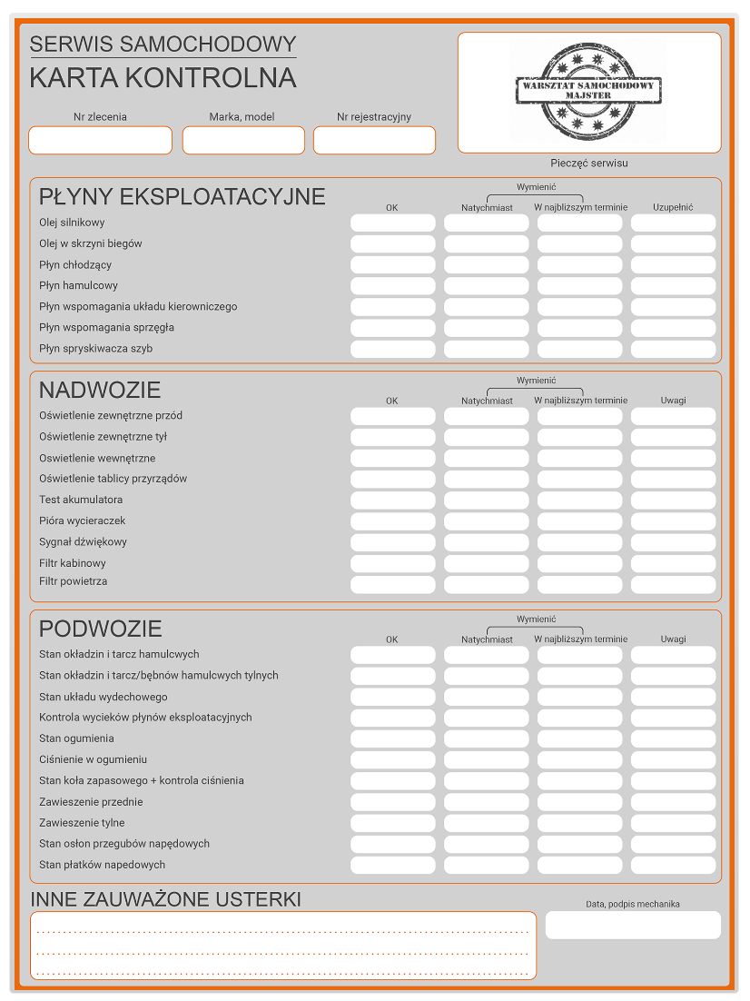 Ilustracja przedstawia przykładowy wygląd dokumentu: serwis samochodowy, karta kontrolna.
