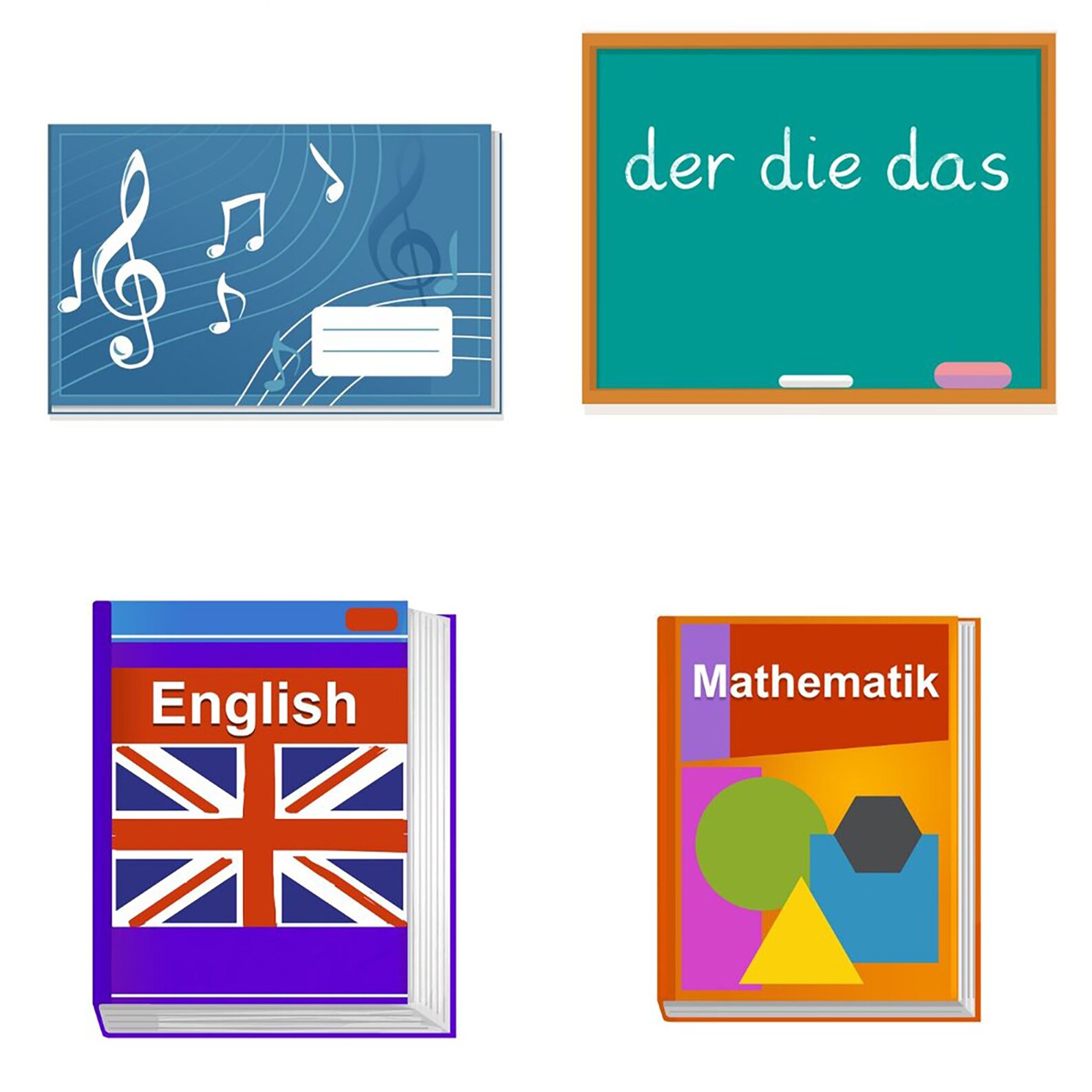 Ilustracja przedstawia cztery ilustracje: zeszyt z okładką w nuty, książkę z flagą Anglii i napisem "English", książkę z figurami geometrycznymi oraz napisem: "Mathematik" Ostatnia ilustracja przedstawia tablicę z napisem: "der, die, das".