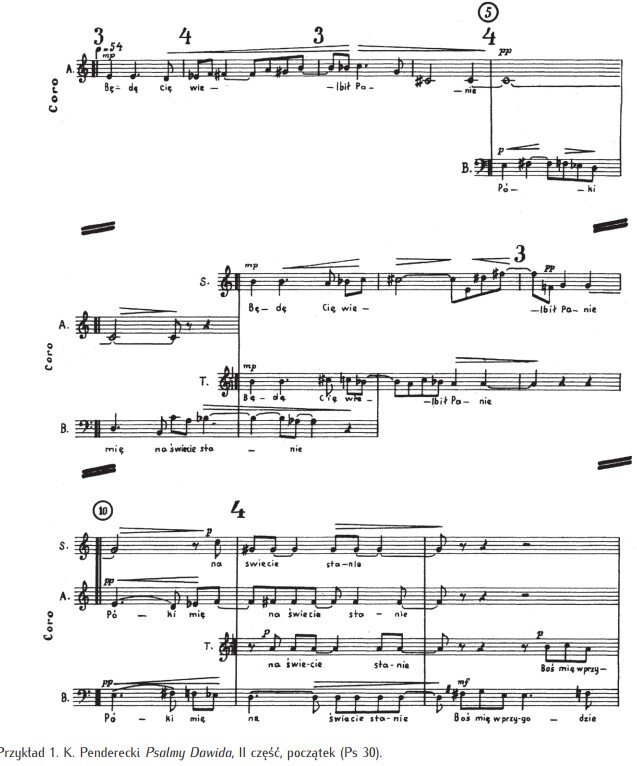 Czarno‑biała reprodukcja fragmentu partytury chóralnej Krzysztofa Pendereckiego „Psalmy Dawida II, część, początek (Ps 30)”. Na stronie widoczne są systemy pięciolinii oznaczone dla głosów chóralnych (S – sopran, A – alt, T – tenor, B – bas) oraz podpis „Coro”. Zapis zawiera nuty, pauzy, oznaczenia dynamiki (np. p, pp, mp, mf), artykulacji oraz nieregularne grupowania rytmiczne. Nad i pod nutami umieszczony jest tekst śpiewany w języku polskim (m.in. fragmenty „Będę Cię wielbił Panie”, „Póki mię na świecie stanie”). Widoczne są także numery taktów (np. 3, 4, 5, 10) oraz poziome linie frazowania i crescenda/decrescenda. Całość ma charakter współczesnego zapisu muzyki chóralnej.