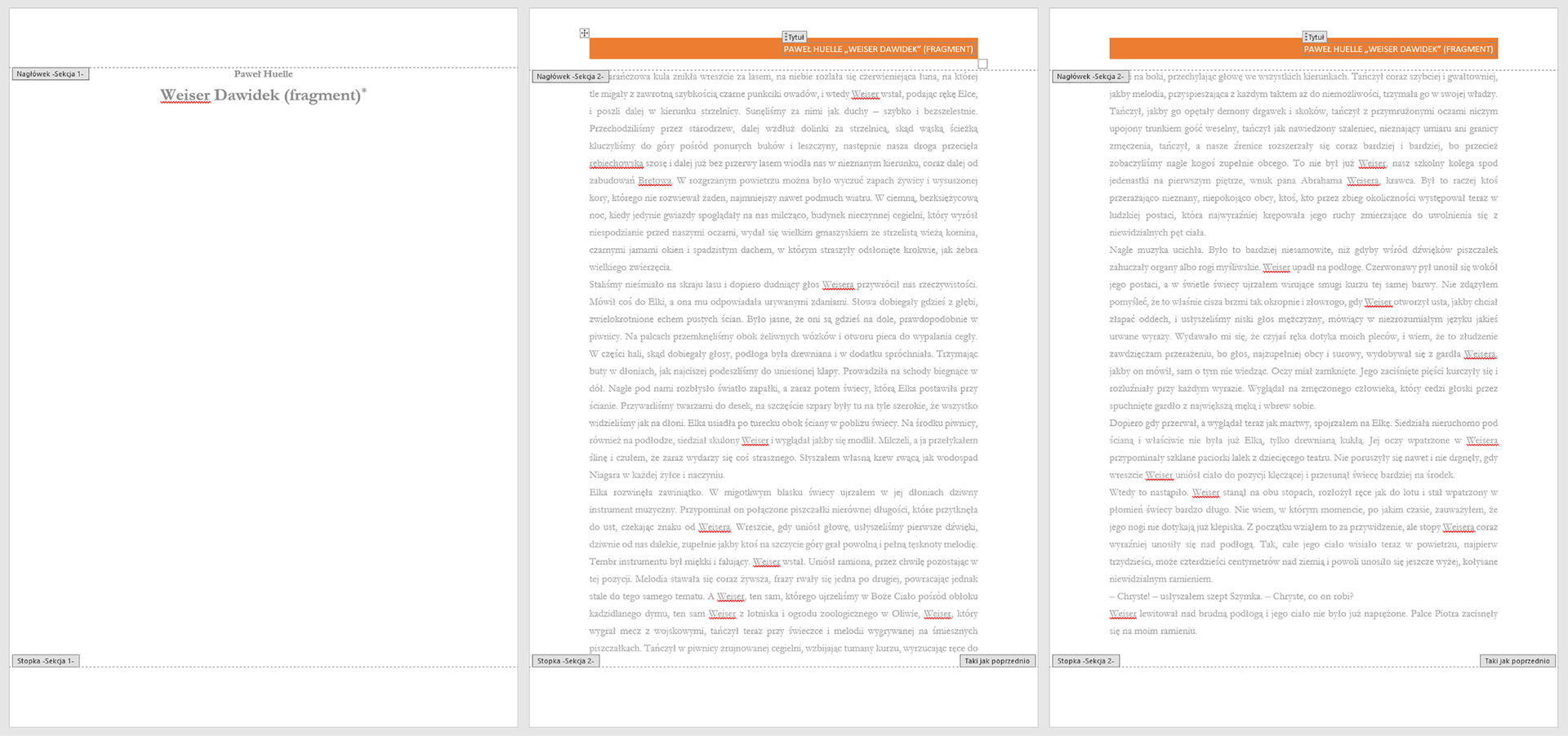 Zrzut ekranu przedstawiający trzy strony dokumentu. Pierwsza strona to strona tytułowa. Dwie pozostałe to strony z tekstem, które posiadają taki sam nagłówek. Na stronach znajdują się etykiety opisujące na stronach nagłówki, sekcje, stopki i tytuł. 