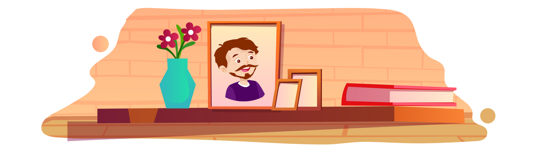 Ilustracja przedstawia fragment jasnopomarańczowej ściany, na której wisi brązowa półka. Na półce po lewej stronie stoją dwa bordowe kwiatki w turkusowym wazonie, a dalej w pomarańczowej ramce jest portret szeroko uśmiechniętego taty Franka i Mai. Obok stoi pusta niewielka brązowa ramka, o którą jest oparta druga taka sama, ale nieco mniejsza. Po prawej stronie, na półce, leży książka w czerwonej okładce.