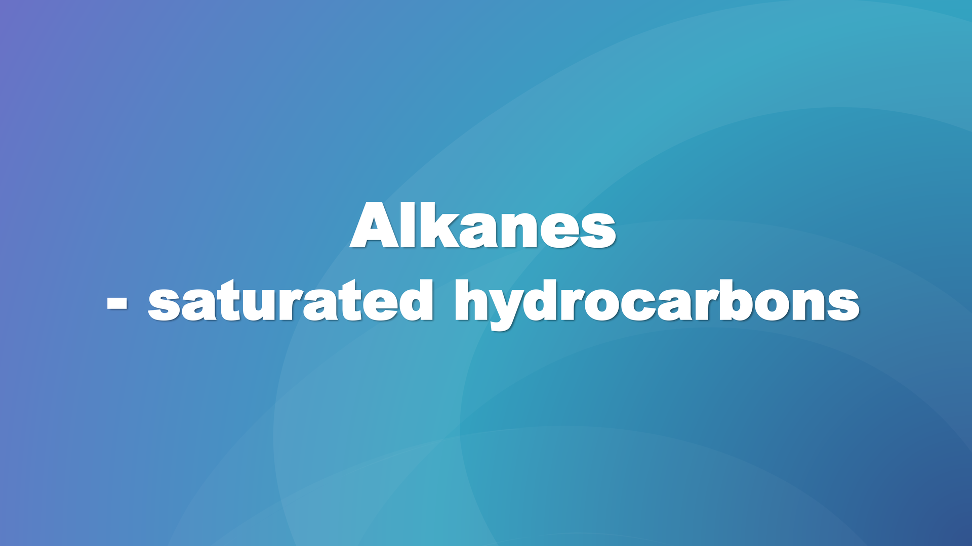 Ilustracja przedstawia pierwszą stronę prezentacji. Na niebieskim tle znajduje się tytuł: "Alkanes - saturated hydrocarbons".