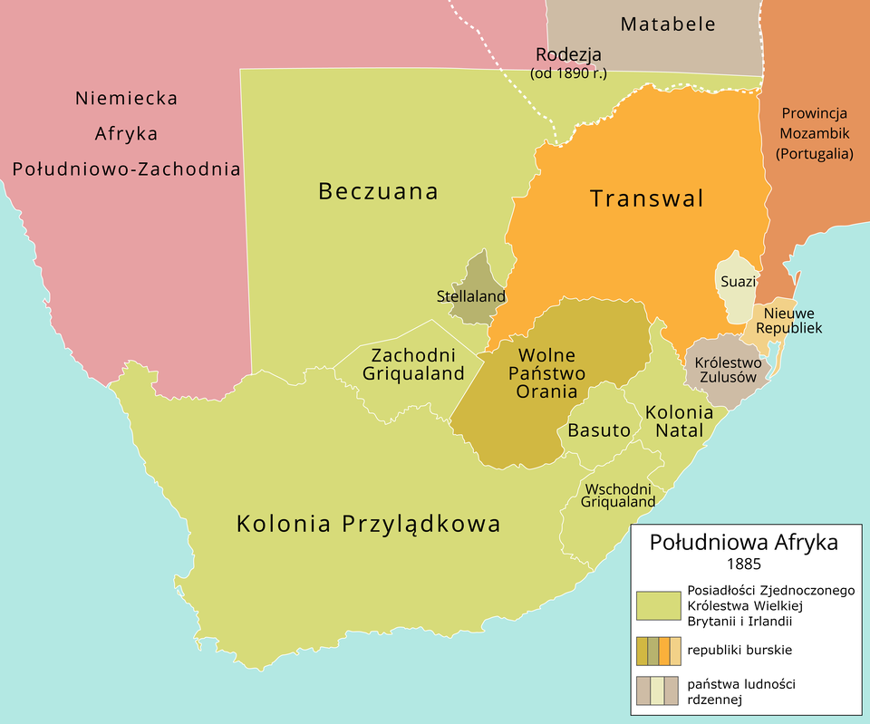 Mapa Afryki Południowej. Zaznaczone są Posiadłości Zjednoczonego Królestwa Wielkiej Brytanii i Irlandii, czyli: Kolonia Przylądkowa, Wschodni Griqualand, Basuto, Kolonia Natal, Zachodni Griqualand, Beczuana, Rodezja (od 1890 roku). Zaznaczone są republiki burskie, czyli: Wolne Państwo Orania, Transwal, Nieuwe Republiek Stellaland. Zaznaczone są państwa tubylcze, czyli: Królestwo Zulusów, Suazi, Matabele. Osobno zaznaczone są: Niemiecka Afryka Południowo‑Zachodnia oraz Prowincja Mozambik (Portugalia).