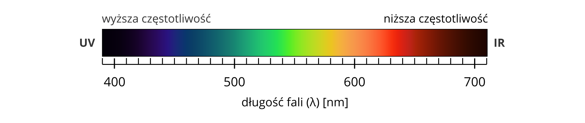 Ilustracja przedstawia spektrum światła widzialnego. Narysowany został prostokątny, długi pasek, a pod nim oś z odłożonymi długościami fali w nanometrach. Pasek ma tęczowe kolory, od fioletu przez granat, zieleń, żółć, po czerwień. Przed fioletem jest ultrafiolet UV, za czerwienią jest podczerwień IR. Od strony UV są wyższe częstotliwości, od strony IR niższe częstotliwości. Długości fali to powyżej czterystu dla UV, do powyżej siedmiuset dla IR.